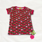 Red dress with vegetable pattern on a white background