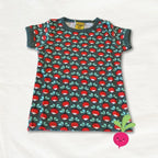 Children's t-shirt with red and green pattern on a white background