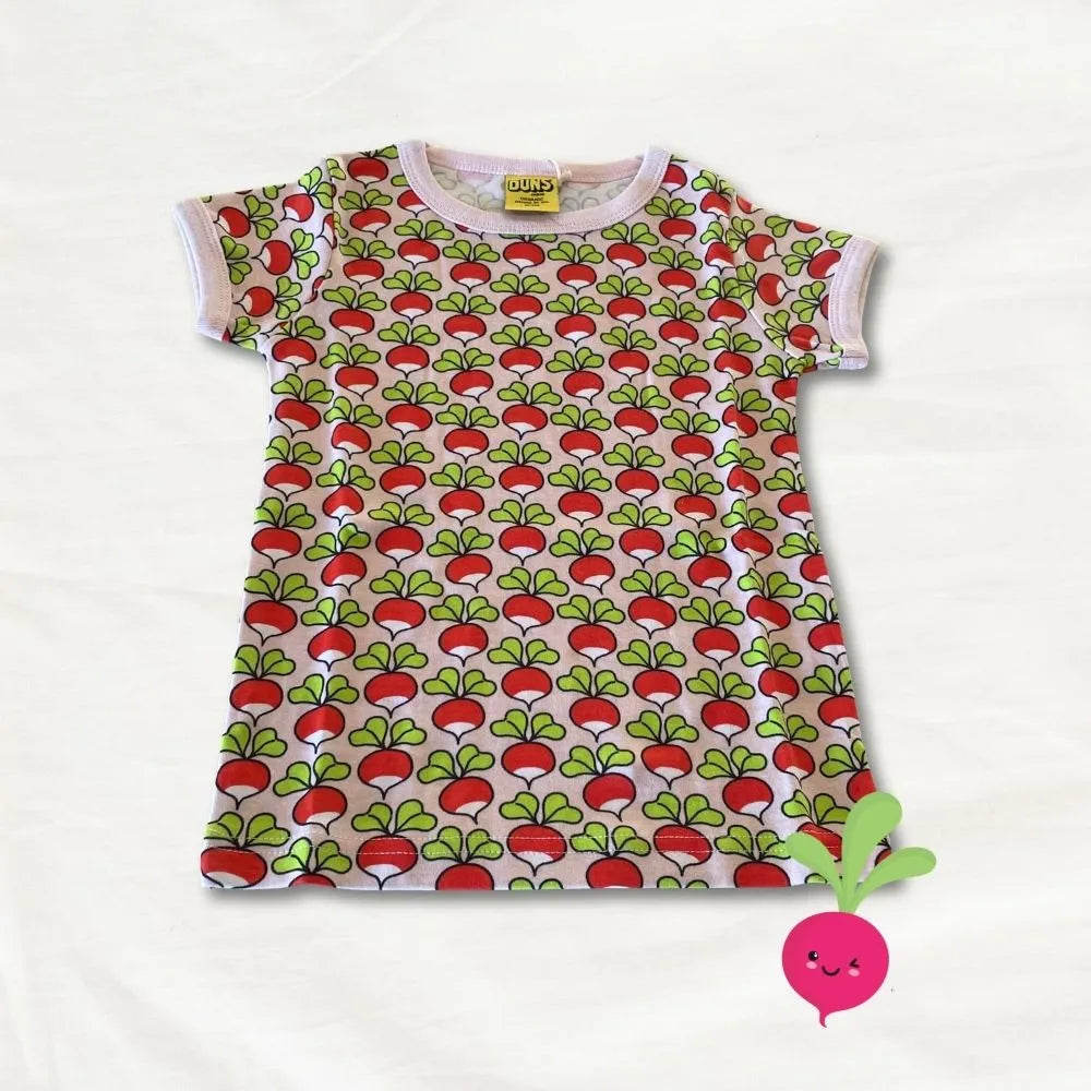 Children's t-shirt with radish pattern on a white background