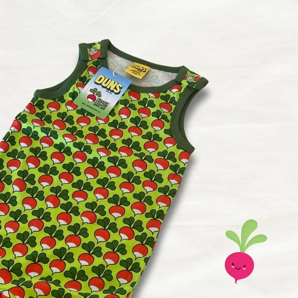 Green tank top with red and white pattern on a white background