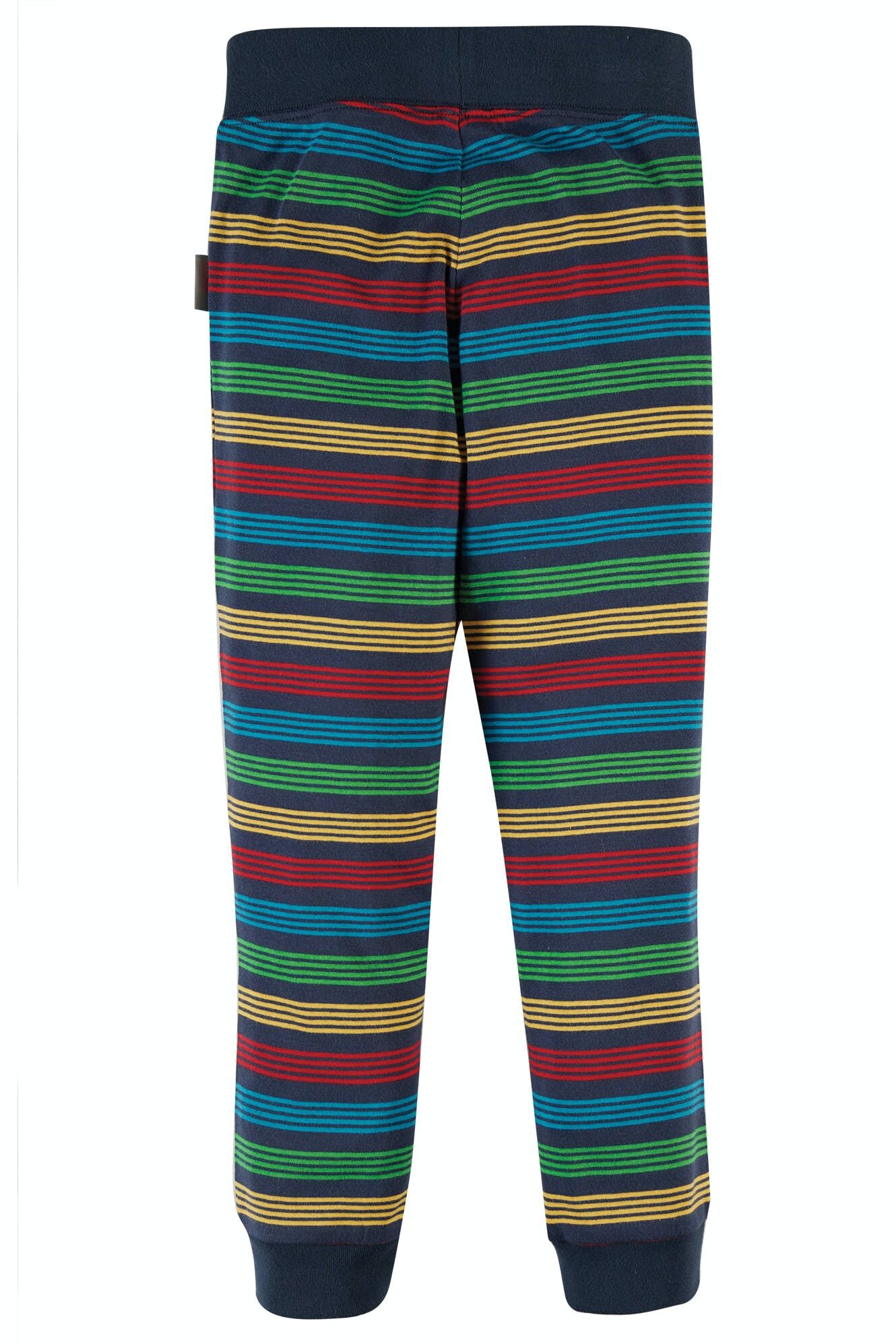 Colorful striped pants with a dark waistband on a white background