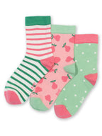 Three pairs of colorful socks with different patterns on a white background