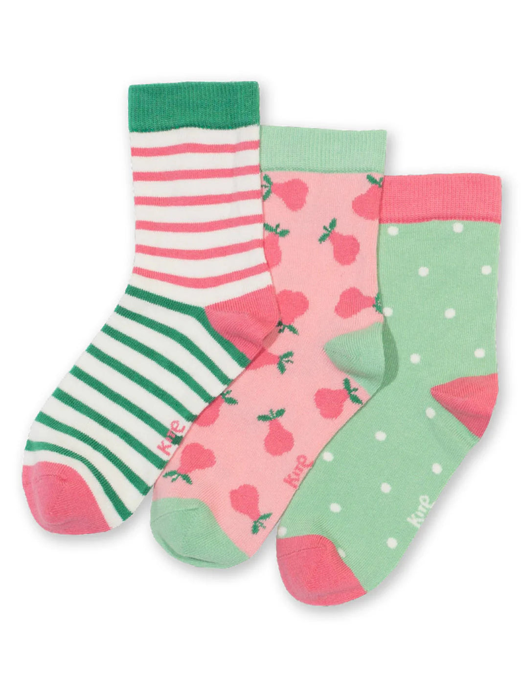 Three pairs of colorful socks with different patterns on a white background