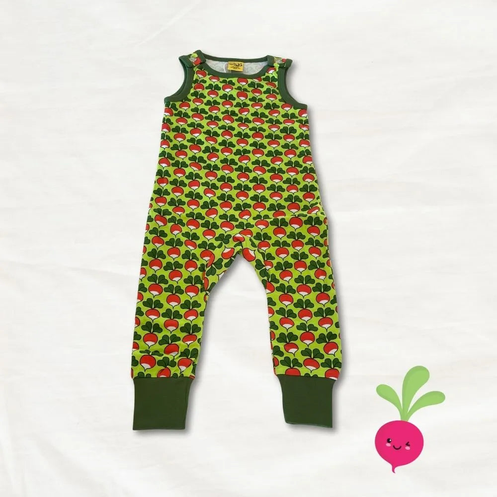 Children's romper with radish pattern on a white background