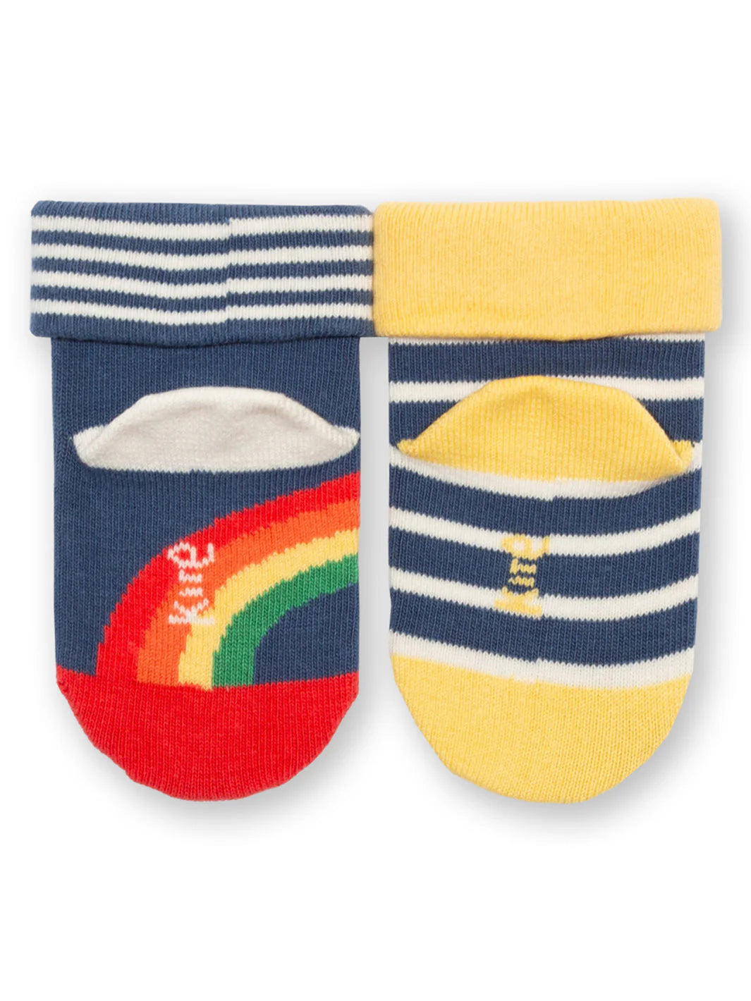 Two children's socks with colorful designs on a white background