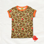 T-shirt with bird and berry pattern on a white background