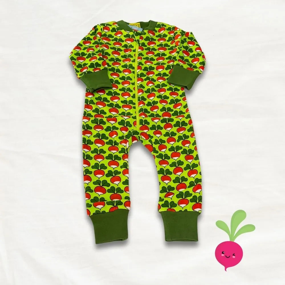 Children's onesie with mushroom pattern on a white background