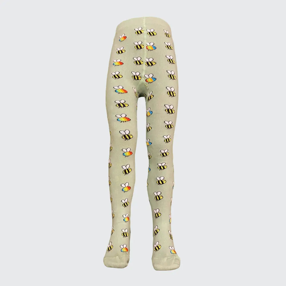 A pair of beige leggings with a repeating pattern of cartoon bumblebees, shown on a neutral light gray background.