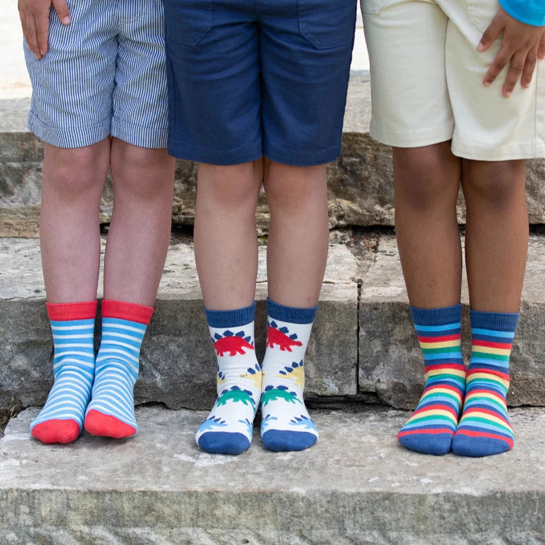 Three boys wearing Dino socks