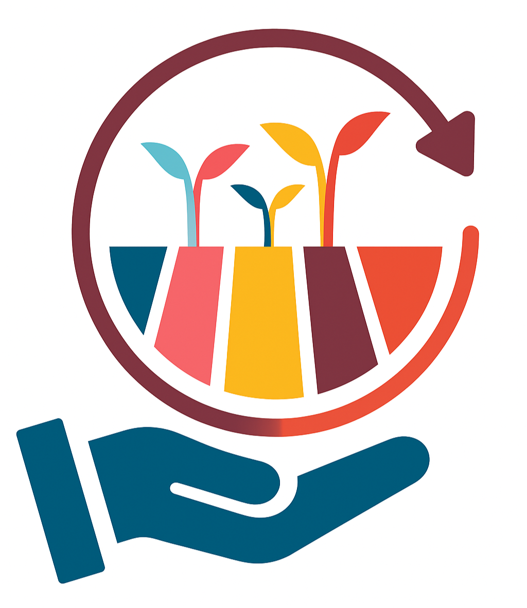 Icon of a hand holding a colorful package with plants emerging, surrounded by a circular arrow on a white background.