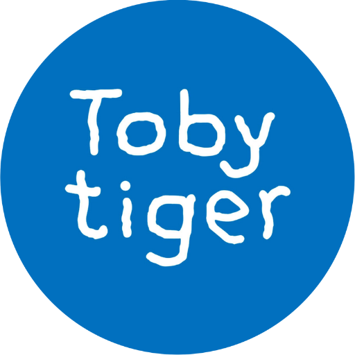 Blue circle with 'Toby tiger' text in white