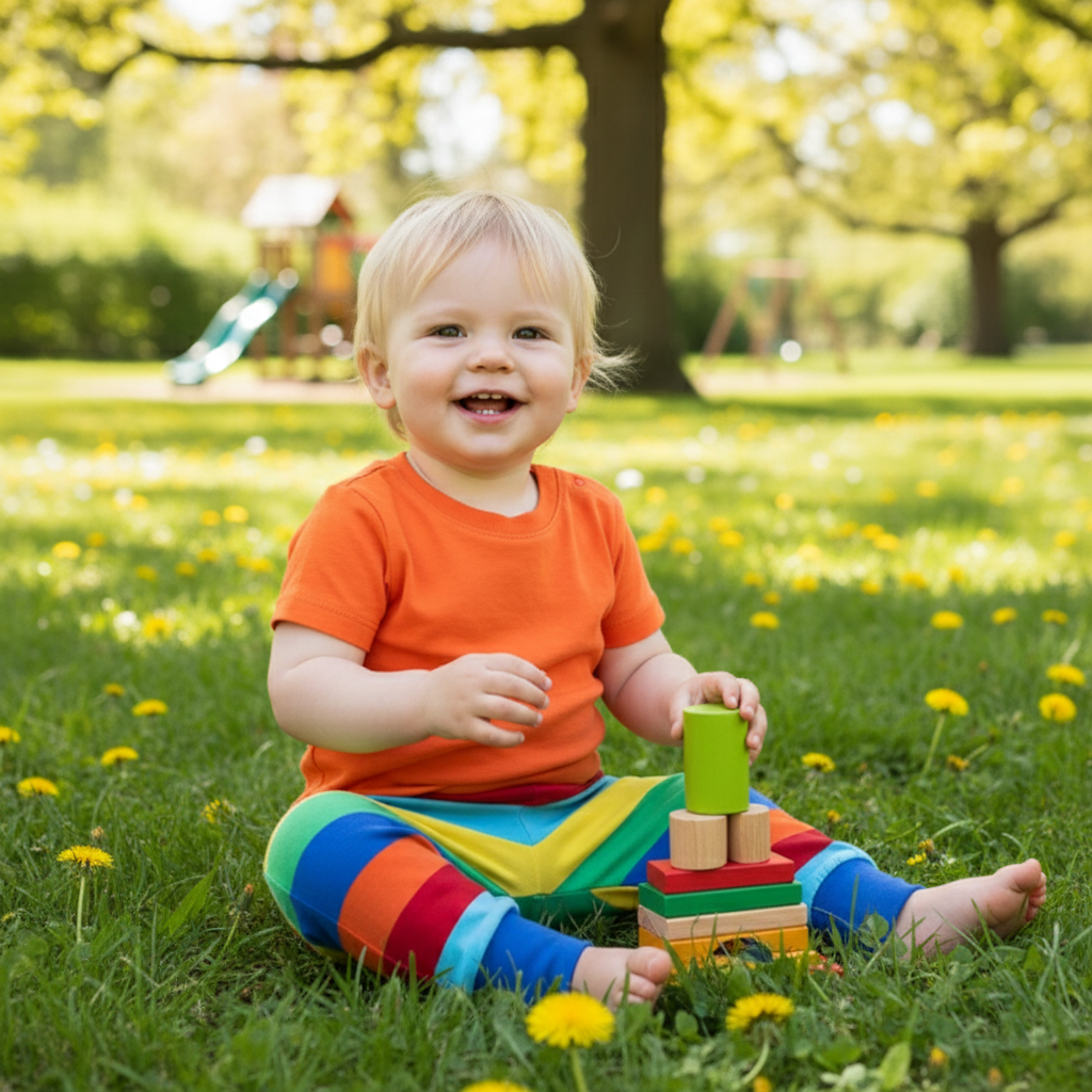 Child playing with colorful blocks in a park