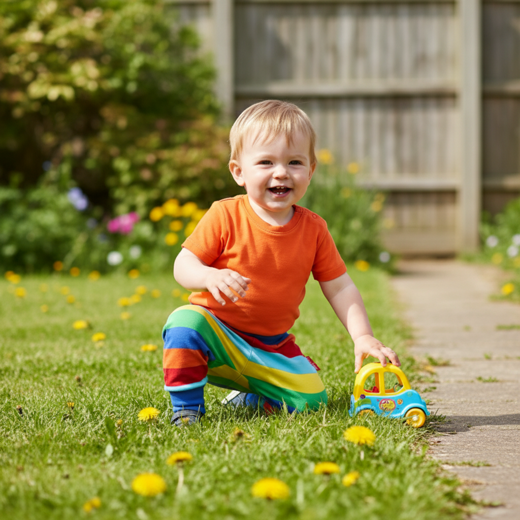 Child playing with a toy car in a garden