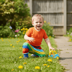 Child playing with a toy car in a garden