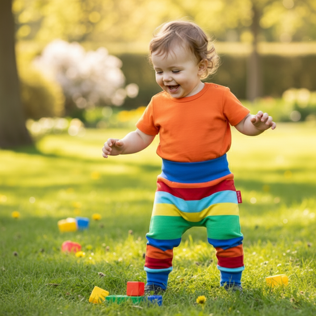 Child in colorful outfit playing in a grassy area with toys.