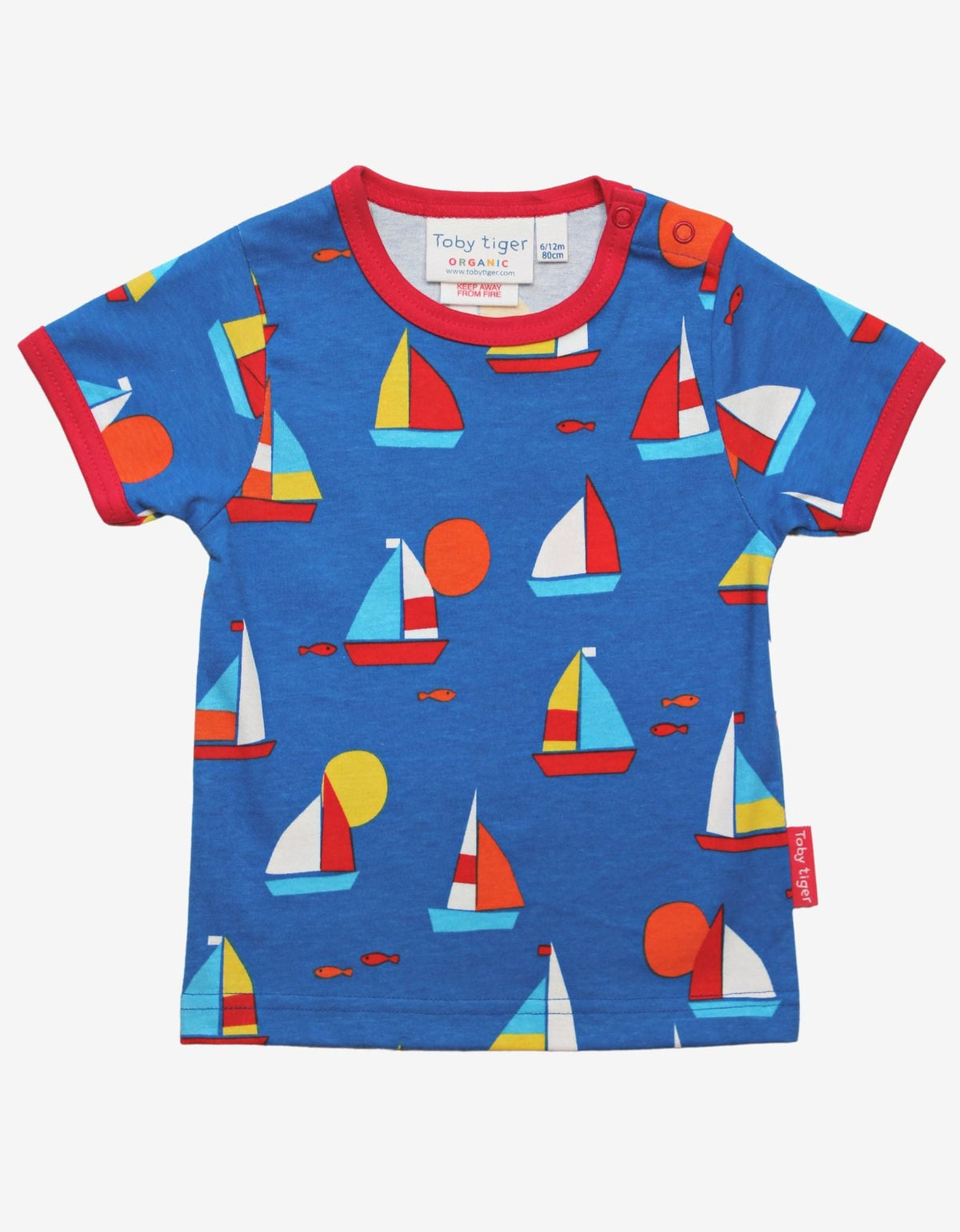 Children's blue t-shirt with colorful sailboat pattern on a white background