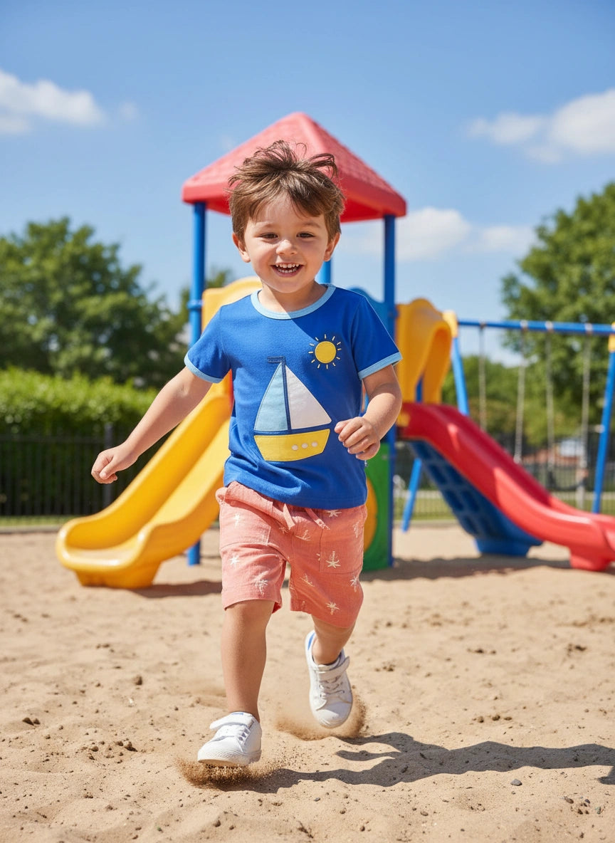 Boy wearing Toby tiger applique sailboat tshirt  in sandpit and playground