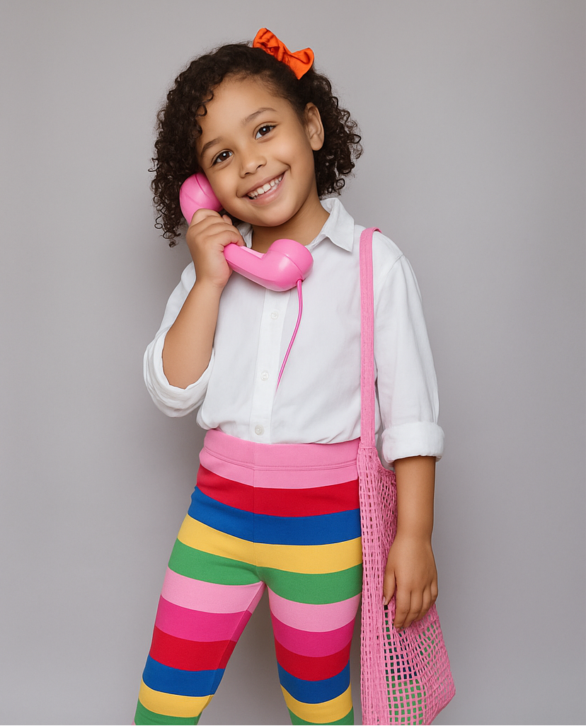 images of a young girl wearing colorful striped leggings on a plain background.