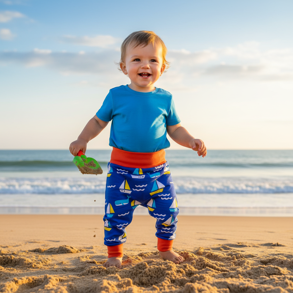 Child on a beach wearing a blue shirt and colorful pants with sailboat pattern.