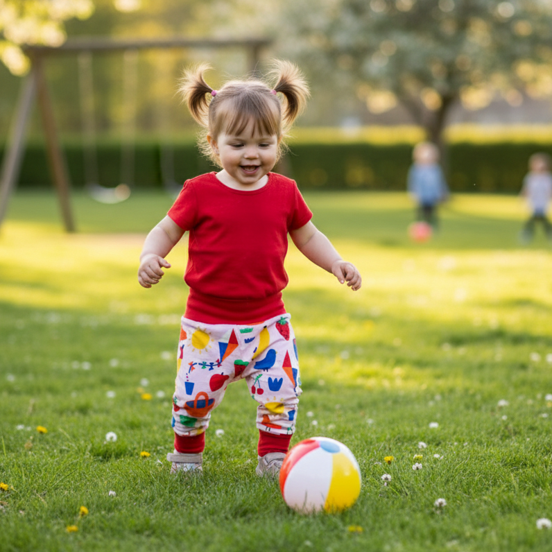 Child playing with a ball on a grassy field