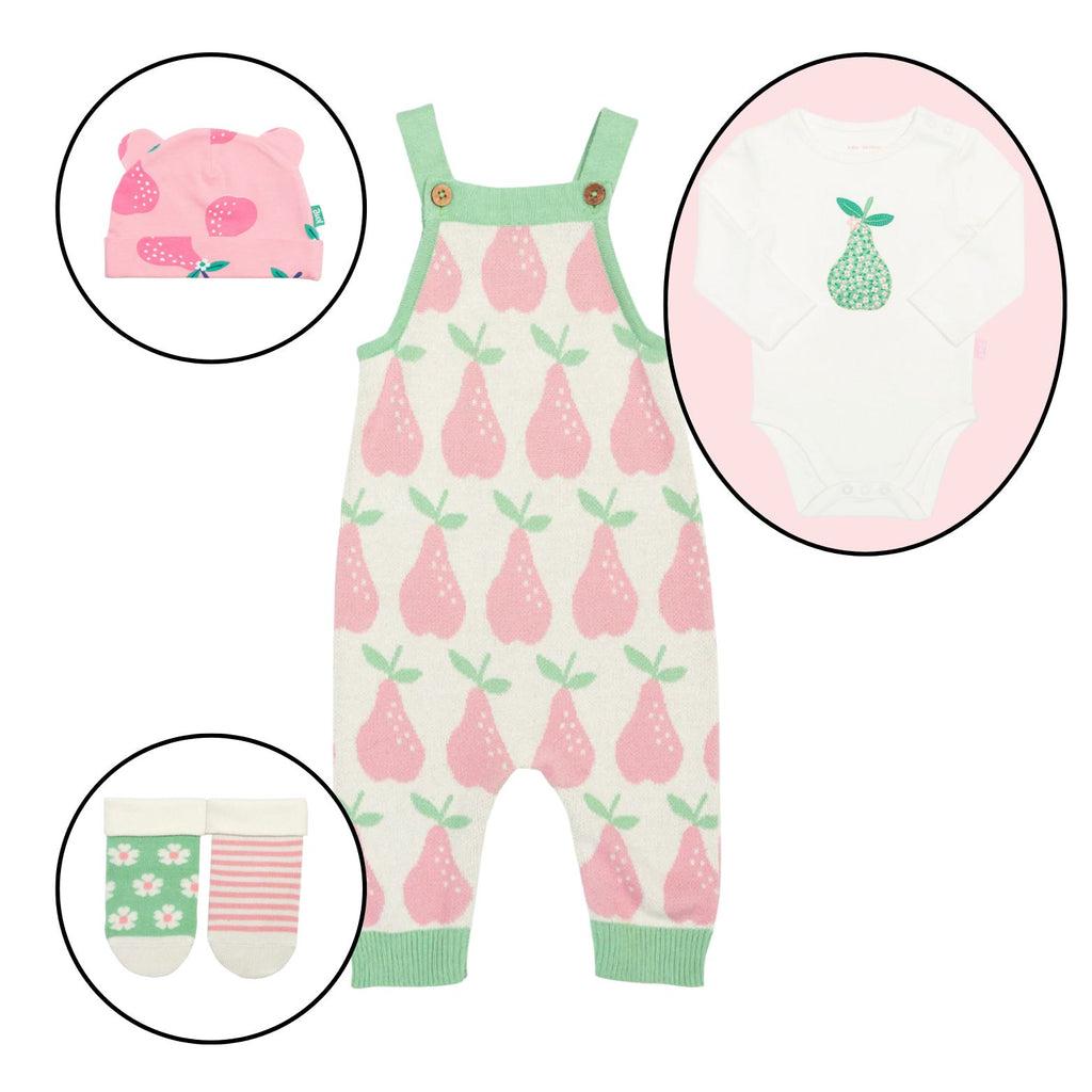 Baby romper with pear pattern, pink hat, bib, and socks on a white background