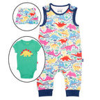 Colorful dinosaur-patterned romper with a green bodysuit and hat on a white background