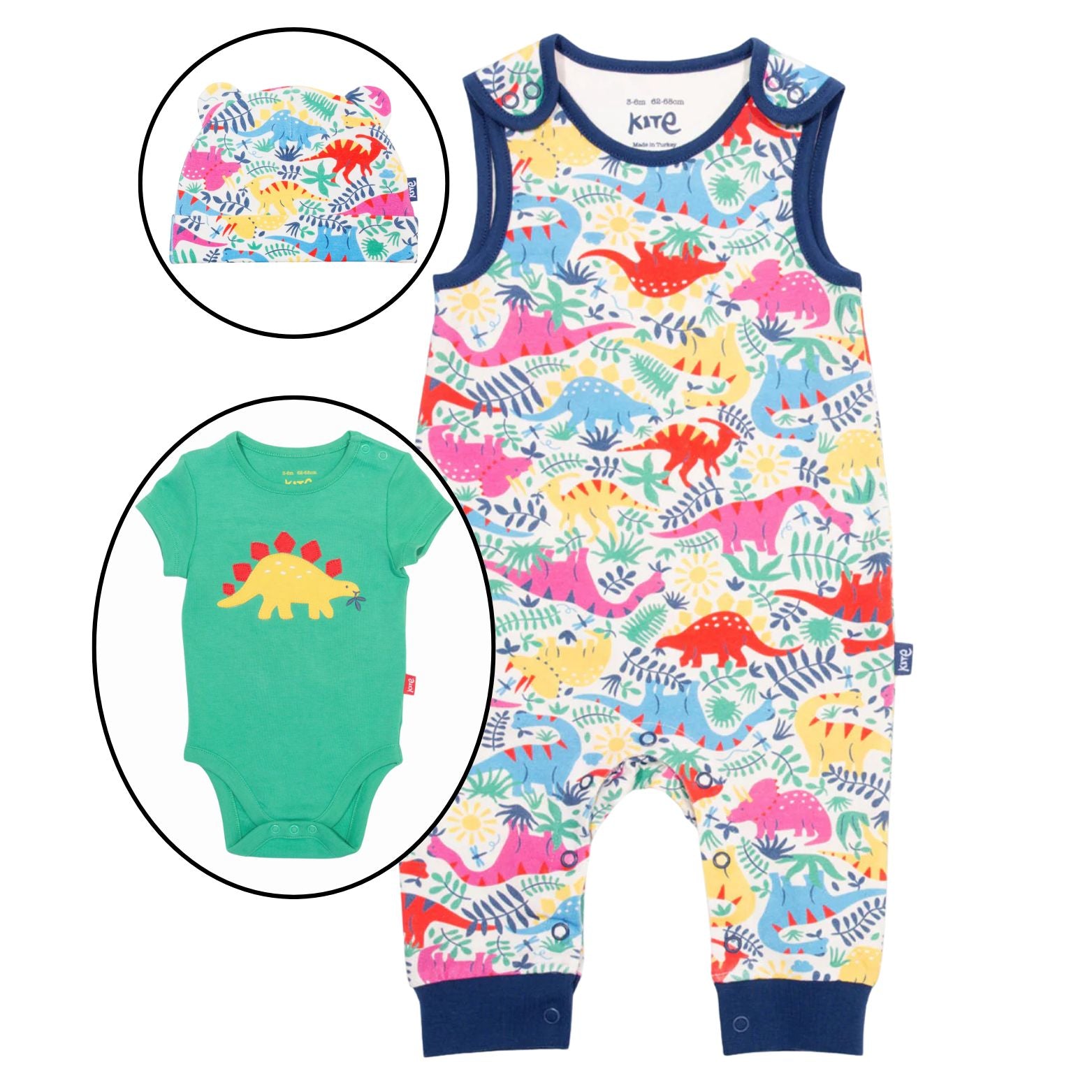 Colorful dinosaur-patterned romper with a green bodysuit and hat on a white background