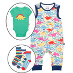 Baby outfit set with green bodysuit, colorful dinosaur-patterned romper, and striped socks on a white background.