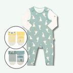 Baby romper with duck pattern and inset images of baby socks on a light blue background
