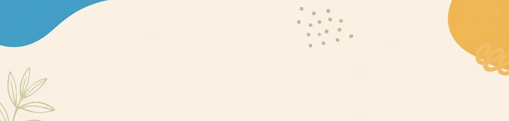 Abstract background graphic with organic shapes in blue, orange, yellow, and green on a warm cream field, plus simple leaf line drawings and small dotted accents.