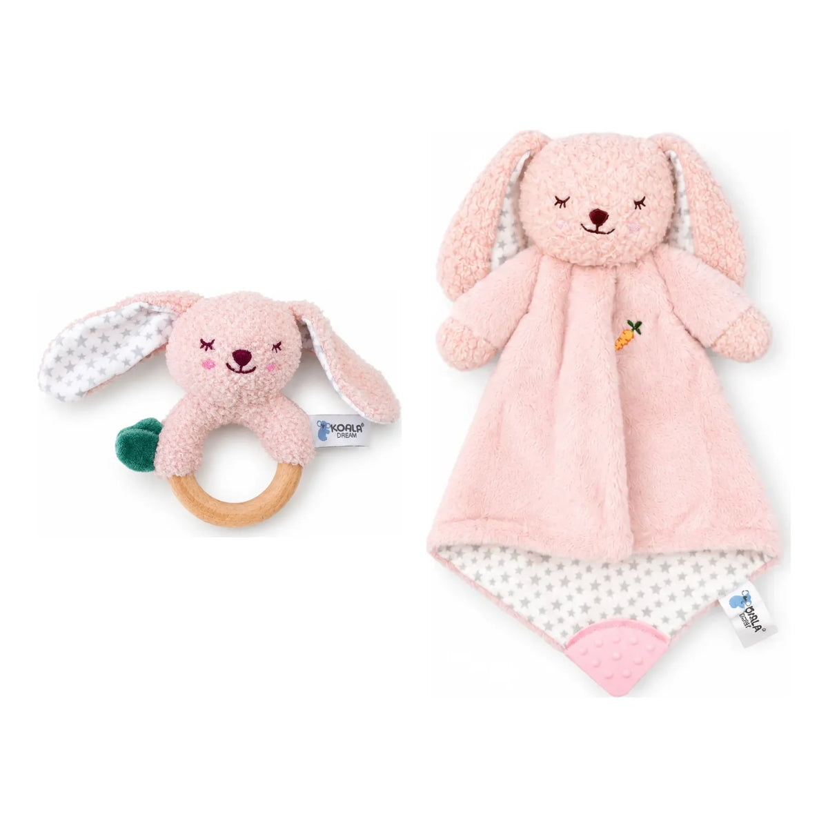 Baby Rattle and Blanky Bundle in Berry Bunny, wooden ring rattle and comforter blanket