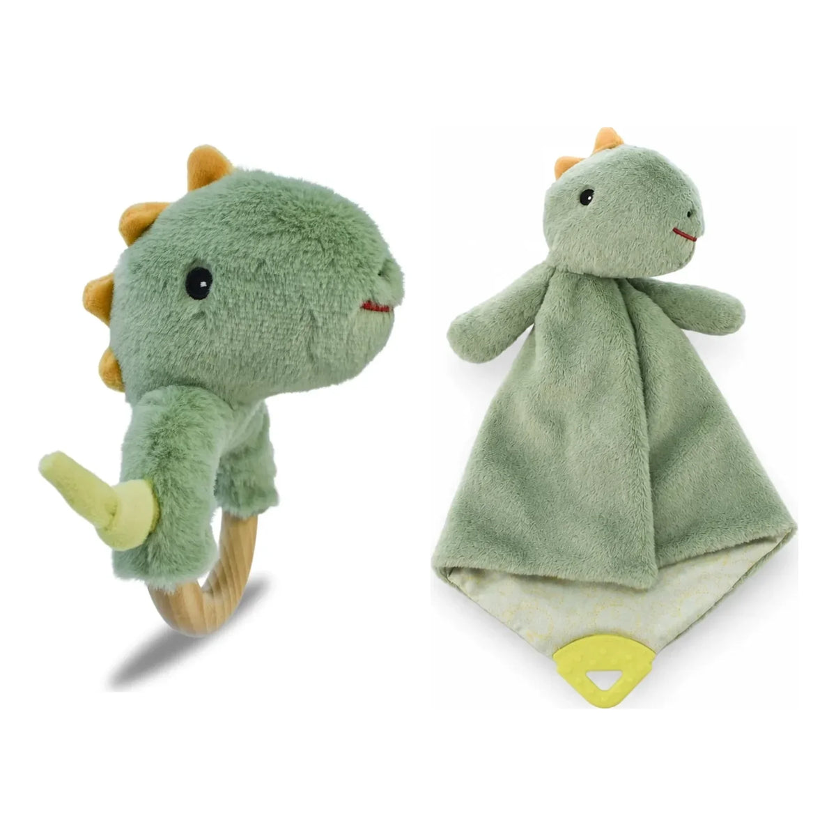 Baby Rattle and Blanky Bundle in Minty Dinosaur, wooden ring rattle and comforter blanket
