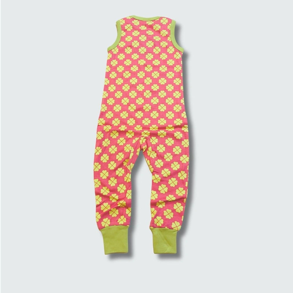 Pink clover print baby rompers suit dungaree in hot pink with bright chartreuse green trim, DUNS Sweden – rompers suit, baby clothes