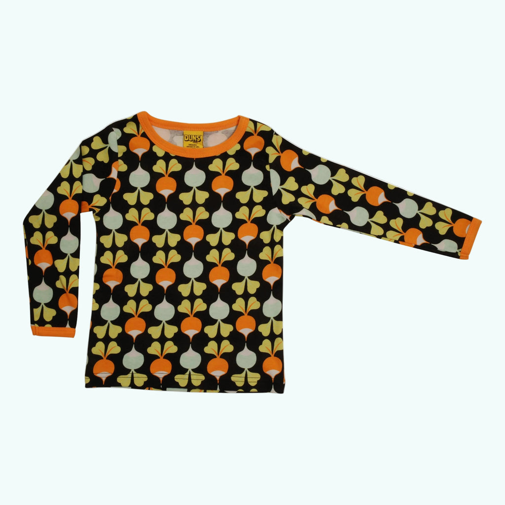 Long-sleeve shirt with a pattern of orange and gray shapes on a black background