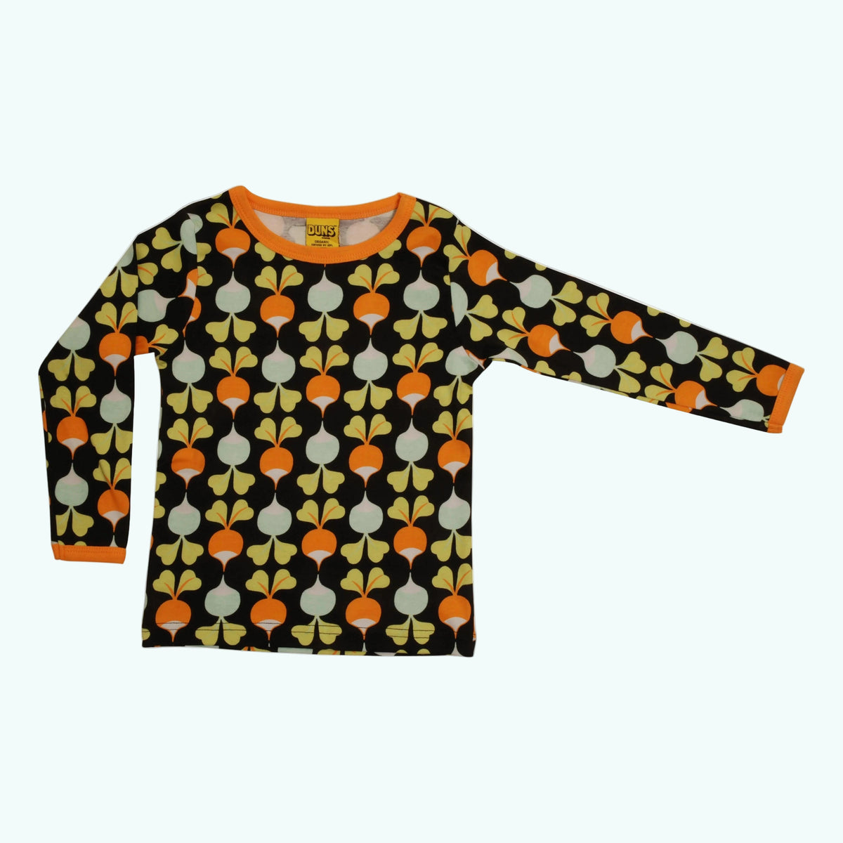 Long-sleeve shirt with a pattern of orange and gray shapes on a black background
