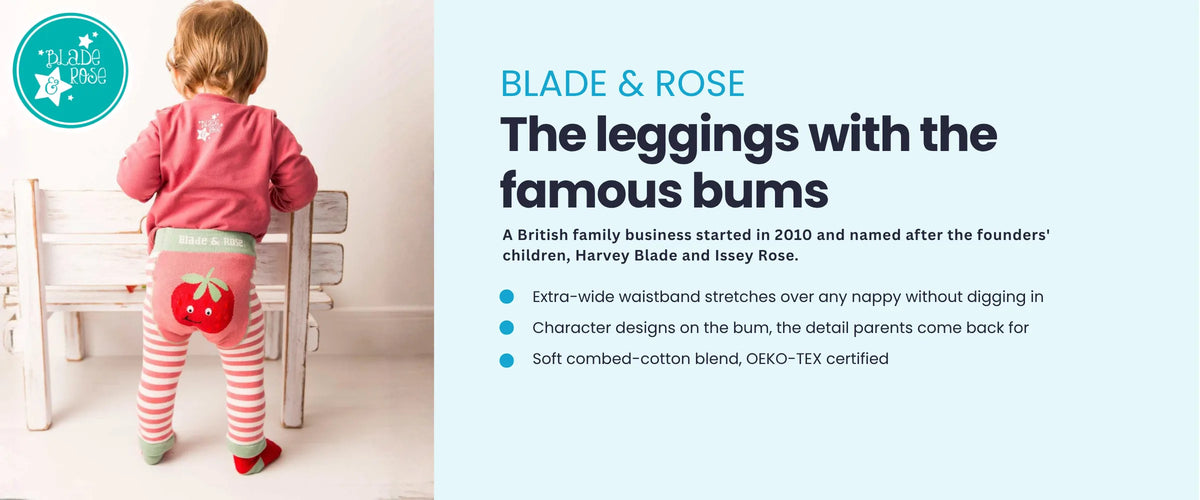 Blade & Rose baby leggings with a strawberry character on the bum. British family business started in 2010. Extra-wide waistband stretches over any nappy, character designs on the bum, soft OEKO-TEX certified cotton.