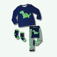 Children's outfit set with navy shirt, striped leggings, socks, and green dinosaur design on a white background.