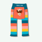 Colorful striped leggings with a cow design and 'Blade & Rose' branding on a white background.