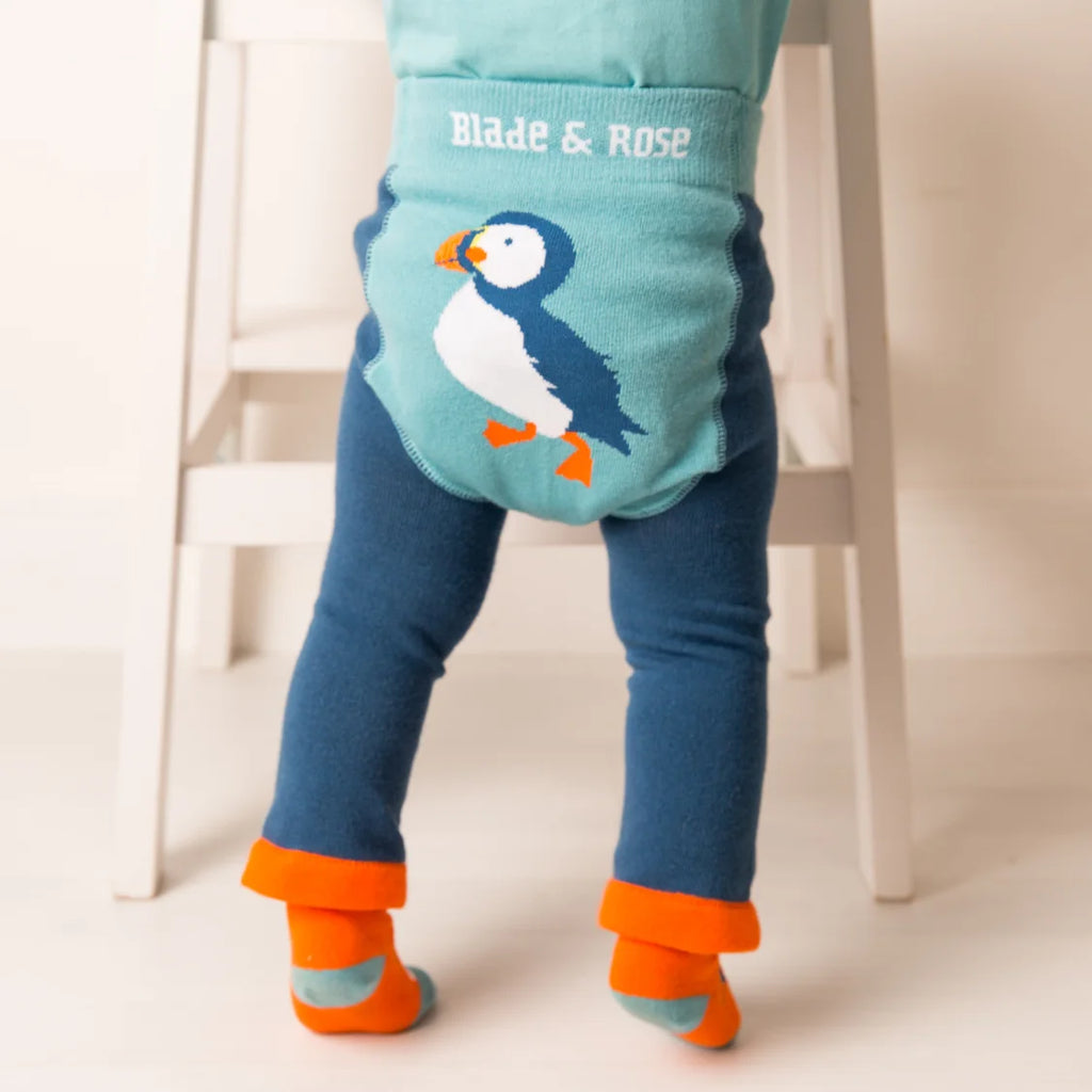 Children's leggings with a puffin design and 'Blade & Rose' branding, worn by a child.