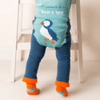Children's leggings with a puffin design and 'Blade & Rose' branding, worn by a child.