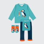 Children's outfit set with teal top, navy pants, and socks featuring puffins and a lighthouse on a light blue background.