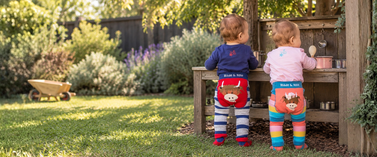 Two toddlers playing outside on the grass in colourful Blade and Rose leggings and tops