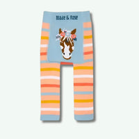 Colorful striped leggings with a horse design and 'Blade & Rose' branding on a light blue background.