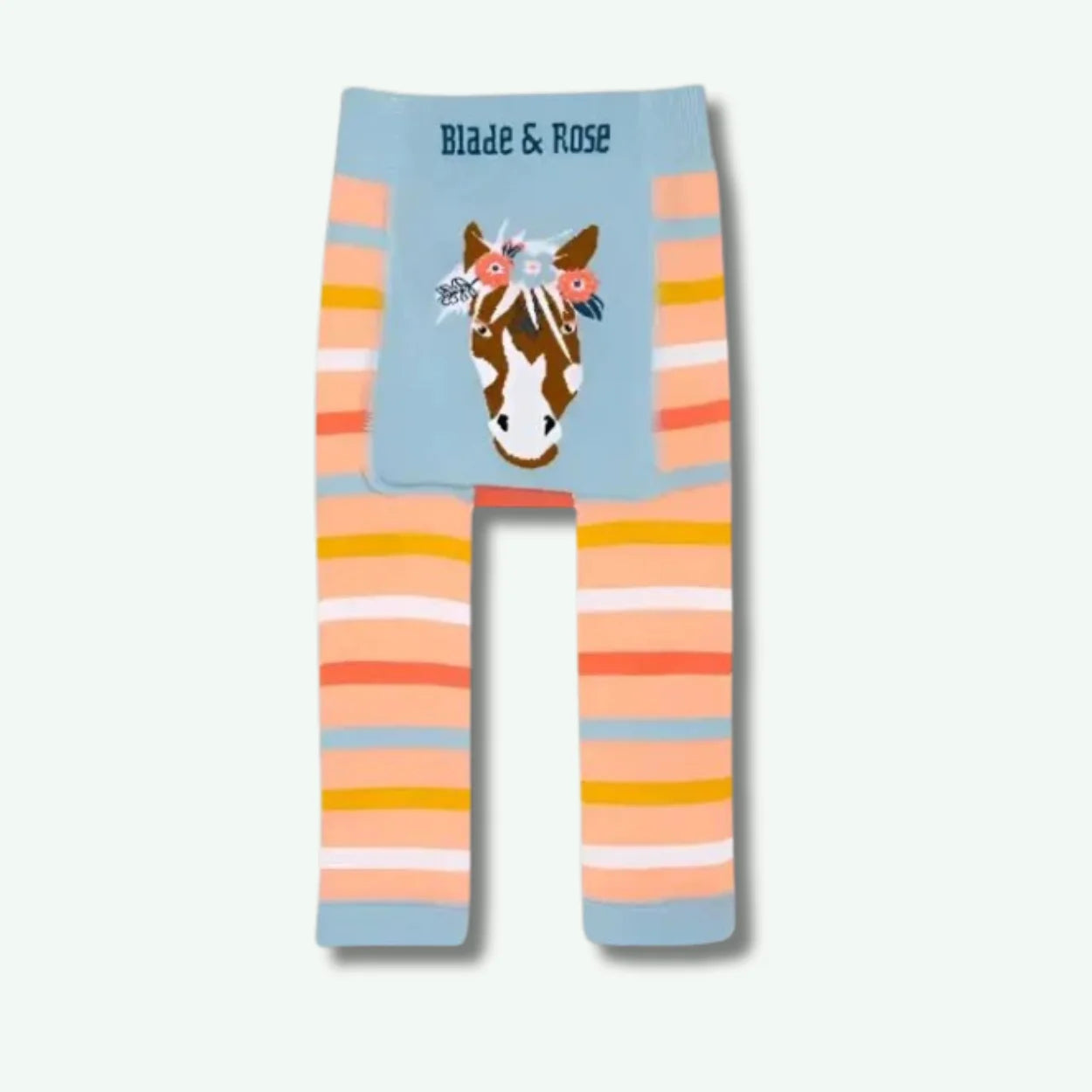 Colorful striped leggings with a horse design and 'Blade & Rose' branding on a light blue background.