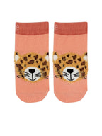 Pair of socks with leopard face design on a pink background