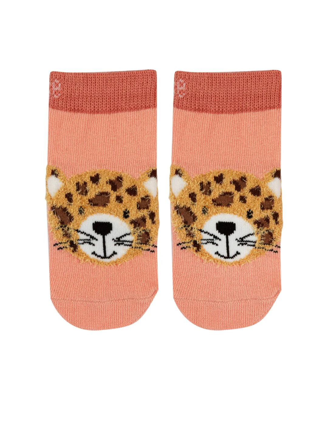 Pair of socks with leopard face design on a pink background