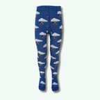Blue tights with cloud and rainbow pattern on a white background