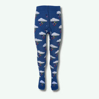 Blue tights with cloud and rainbow pattern on a white background