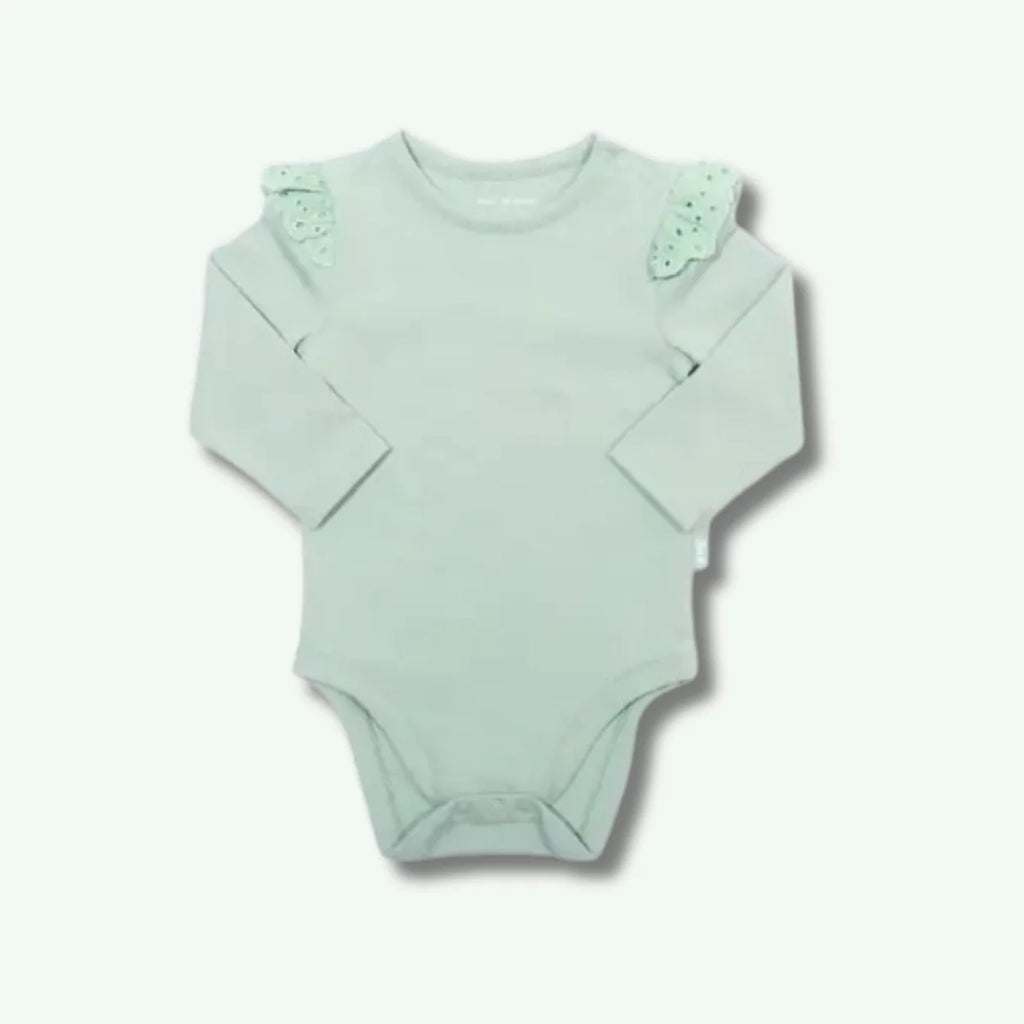 Mint green baby onesie with ruffled shoulders on a white background