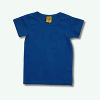 Blue t-shirt with a yellow tag on a white background